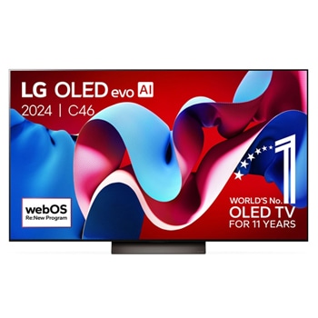 Vue de face du LG OLED evo AI TV, OLED C4, logo de l’emblème OLED 11 ans numéro 1 mondial et logo du programme webOS Re:New à l’écran1