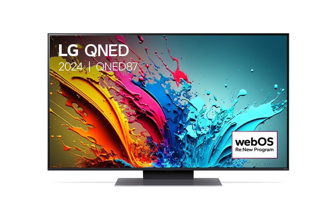 LG Smart TV LG QNED QNED87 4K 55 pouces 2024, Vue de face du téléviseur LG QNED, QNED85 avec le texte LG QNED, 2024, et le logo webOS Re:New Program à l’écran., 55QNED87T6B