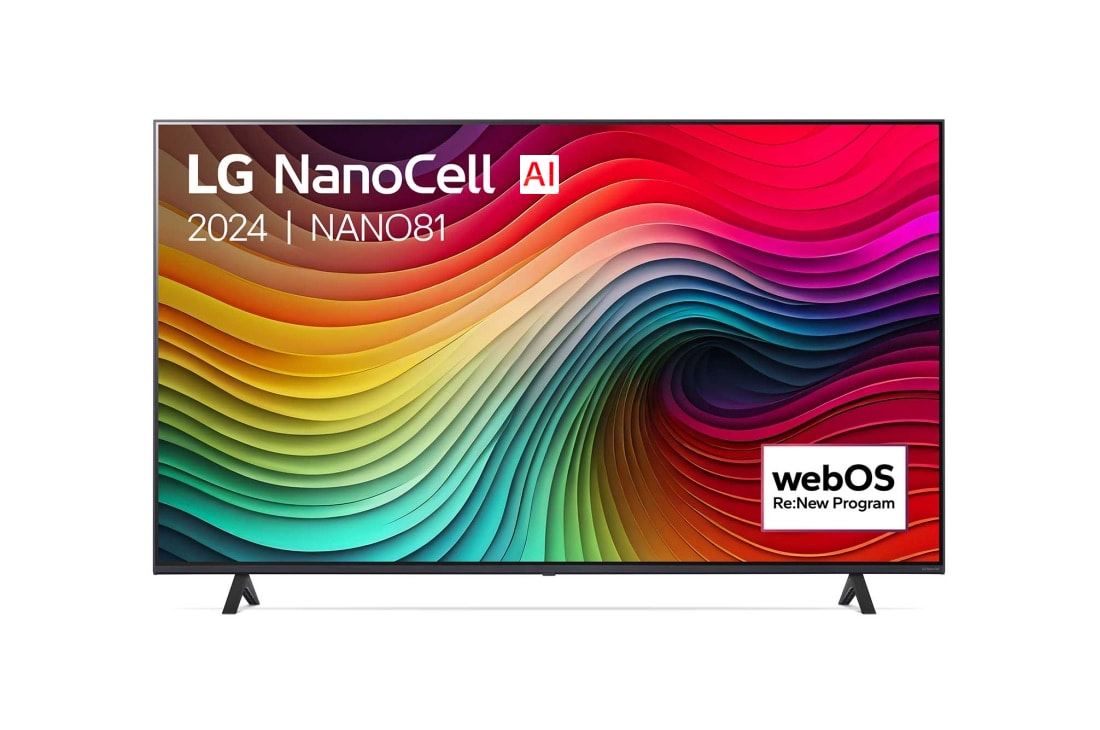 LG Smart TV LG NanoCell NANO81 4K de 55 pouces 2024, Vue de face du téléviseur LG NanoCell, NANO80 avec le texte LG NanoCell, 2024, et le logo webOS Re:New Program à l’écran., 55NANO81T6A