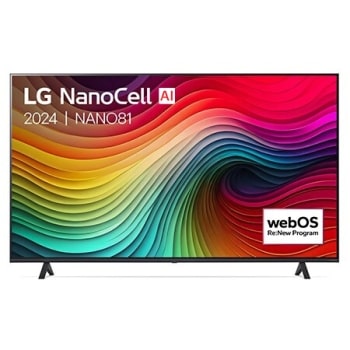 Vue de face du téléviseur LG NanoCell, NANO80 avec le texte LG NanoCell, 2024, et le logo webOS Re:New Program à l’écran.1