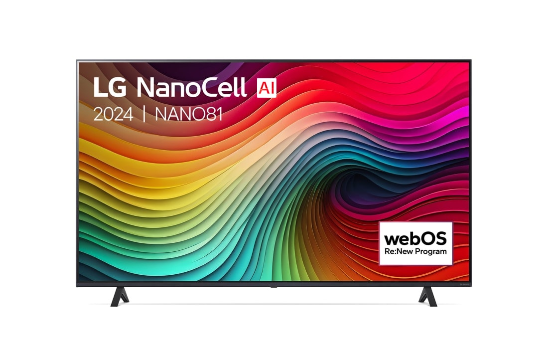 LG Smart TV LG NanoCell AI NANO81 4K de 65 pouces 2024, Vue de face du téléviseur LG NanoCell, NANO81 avec le texte LG NanoCell, 2024, et le logo webOS Re:New Program à l’écran., 65NANO81T6A