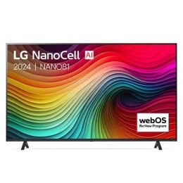 Vue de face du téléviseur LG NanoCell, NANO81 avec le texte LG NanoCell, 2024, et le logo webOS Re:New Program à l’écran.2