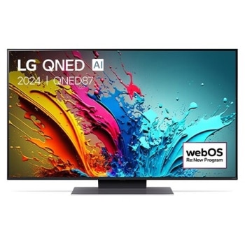 Vue de face du téléviseur LG QNED, QNED85 avec le texte LG QNED, 2024, et le logo webOS Re:New Program à l’écran.1