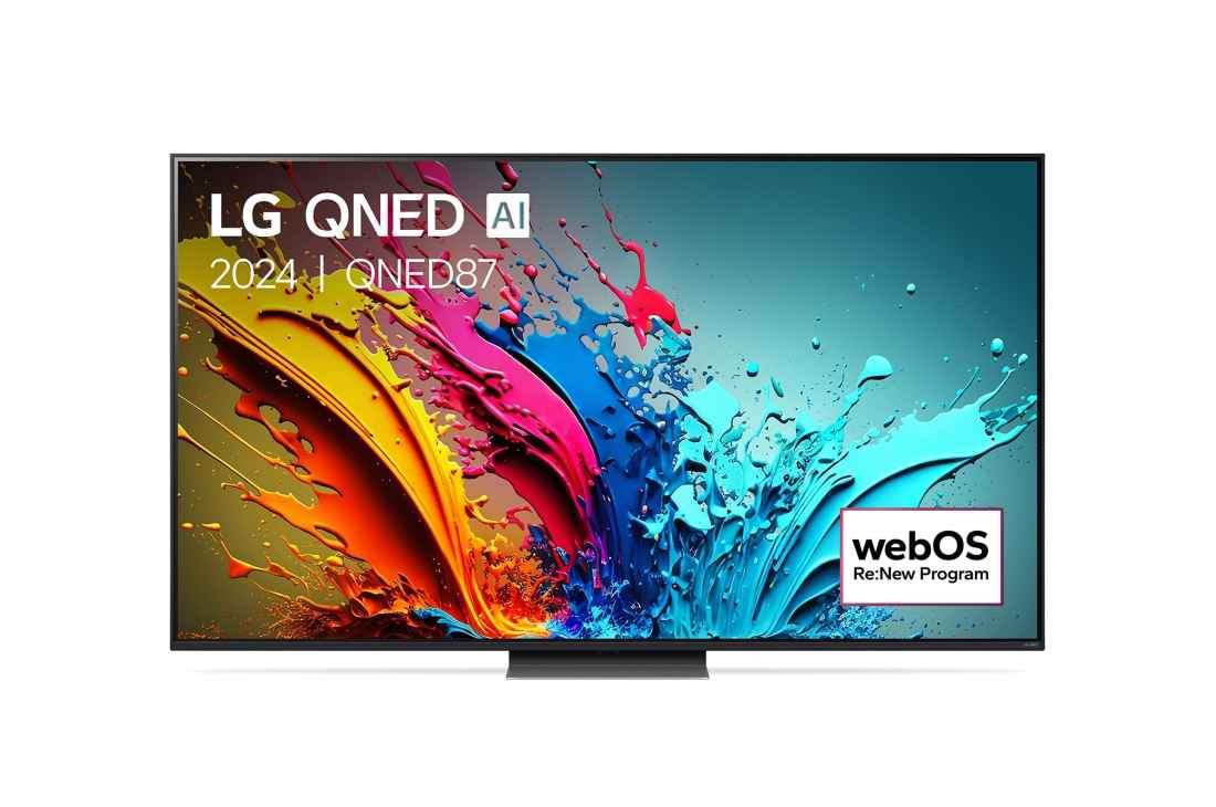 LG Smart TV LG QNED AI QNED87 4K 75 pouces 2024, Vue de face du téléviseur LG QNED, QNED87   avec le texte LG QNED, 2024, et le logo webOS Re:New Program à l’écran., 75QNED87T6B