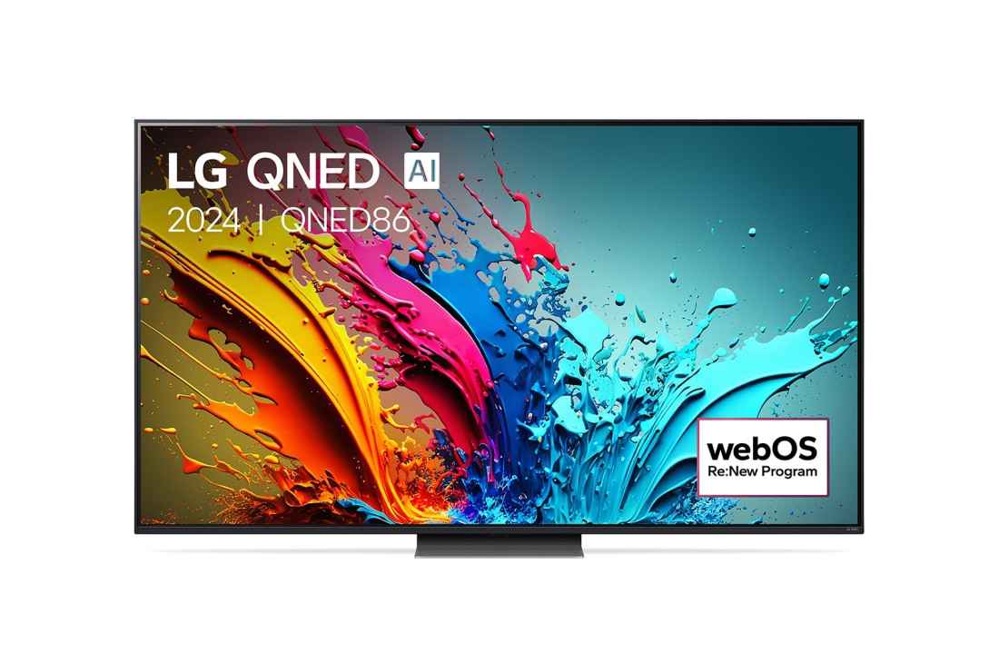 LG Smart TV LG QNED AI QNED86 4K 86 pouces 2024, Vue de face du téléviseur LG QNED, QNED85 avec le texte LG QNED, 2024, et le logo webOS Re:New Program à l’écran., 86QNED86T6A