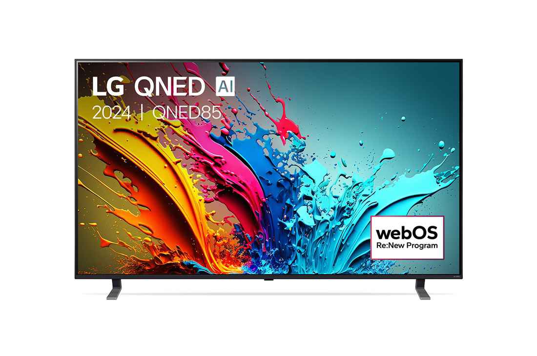 LG Smart TV LG QNED AI QNED85 4K 75 pouces 2024, Vue de face du téléviseur LG QNED, QNED85 avec le texte LG QNED, 2024, et le logo webOS Re:New Program à l’écran., 75QNED85T6C