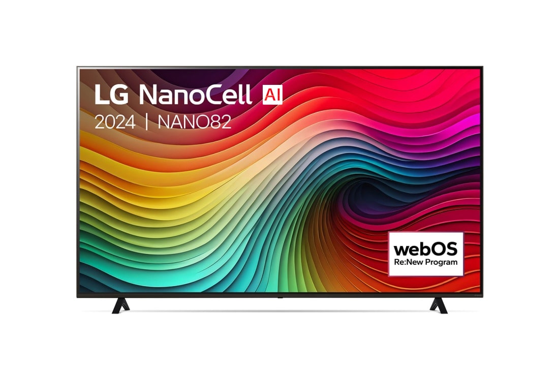 LG Smart TV LG NanoCell AI NANO82 4K de 75 pouces 2024, Vue de face du téléviseur LG NanoCell, NANO82 avec le texte LG NanoCell, 2024, et le logo webOS Re:New Program à l’écran., 75NANO82T6B