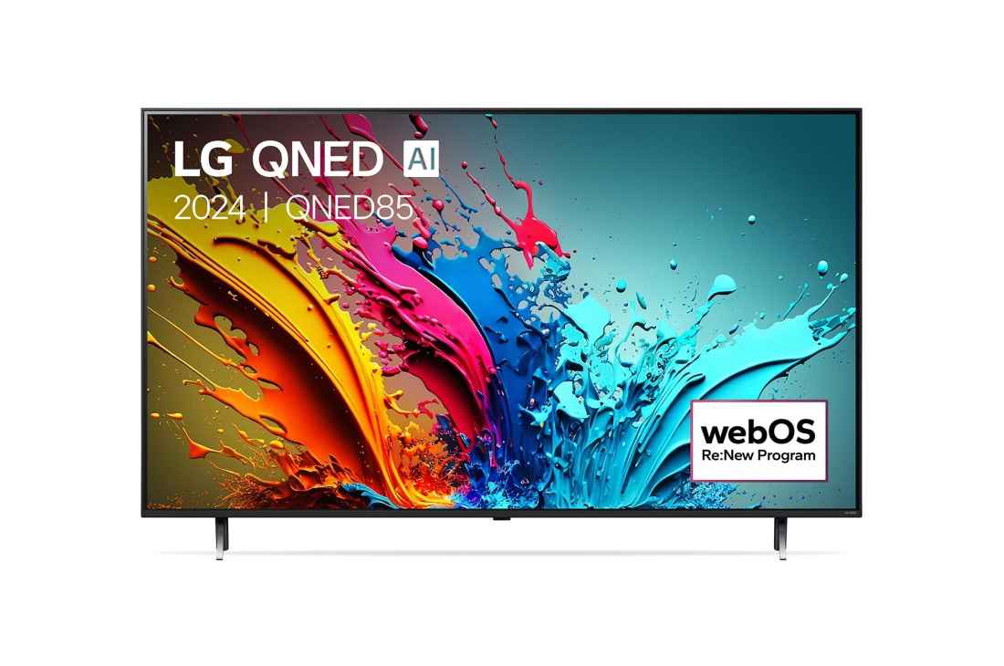 LG Smart TV LG QNED AI QNED85 4K 50 pouces 2024, Vue de face du téléviseur LG QNED, QNED85 avec le texte LG QNED, 2024, et le logo webOS Re:New Program à l’écran., 50QNED85T6A