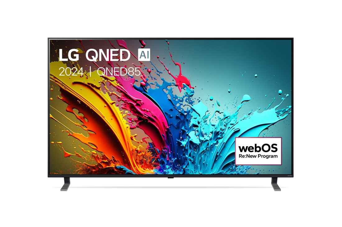 LG Smart TV LG QNED AI QNED85 4K 65 pouces 2024, Vue de face du téléviseur LG QNED, QNED85 avec le texte LG QNED, 2024, et le logo webOS Re:New Program à l’écran., 65QNED85T6C