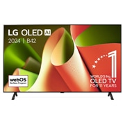LG 55 pouces LG OLED AI B4 4K Smart TV OLED55B4, Vue de face avec le LG OLED TV, OLED AI B4, l’emblème OLED 11 ans numéro 1 mondial et le logo du programme webOS Re:New à l’écran sur un support à deux pieds, OLED55B42LA, thumbnail 1