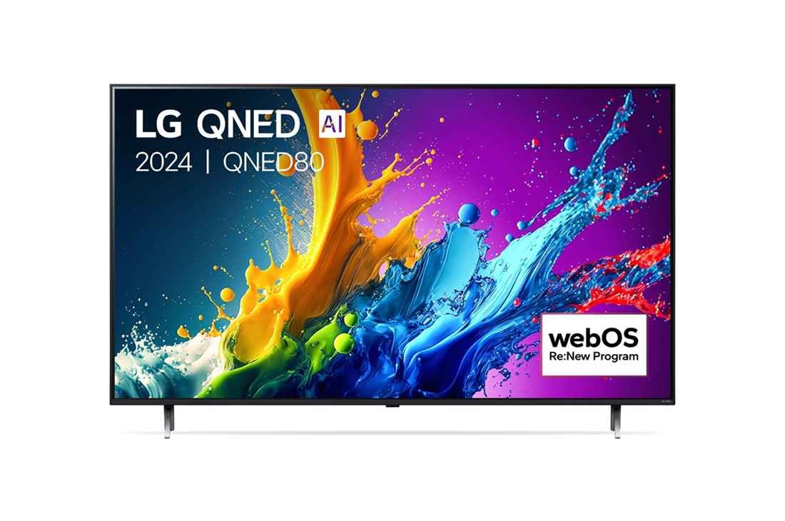 LG Smart TV LG QNED AI QNED80 4K 75 pouces 2024, Vue de face du téléviseur LG QNED, QNED80 avec le texte LG QNED, 2024, et le logo webOS Re:New Program à l’écran., 75QNED80T6A
