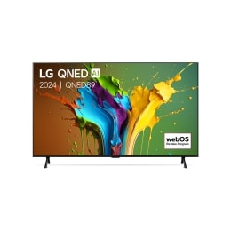 Vue de face du téléviseur LG QNED, QNED89 avec le texte LG QNED, 2024, et le logo webOS Re:New Program à l’écran.2