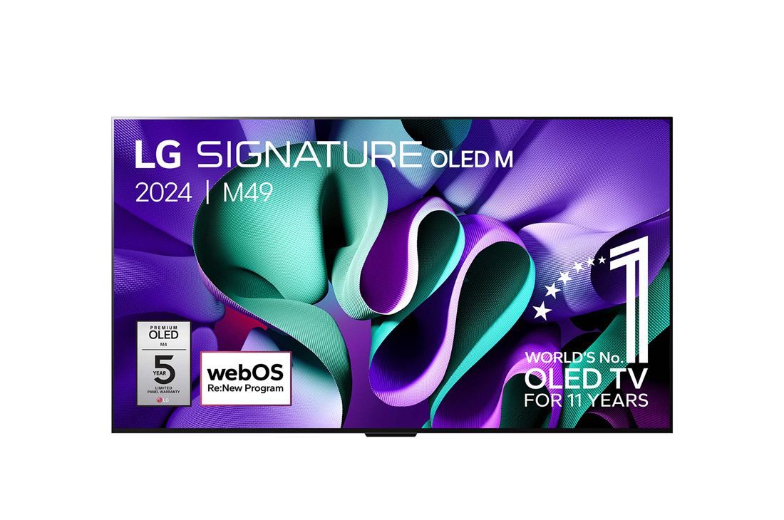 LG 97 pouces OLED LG SIGNATURE M4 True Wireless TV avec transfert vidéo et audio 4K 120Hz sans fil , Vue de face du LG OLED M4 sur le support en dessous avec emblème OLED 11 ans numéro 1 mondial, logo webOS Re:New Program et logo de la garantie de 5 ans sur le panneau à l’écran, OLED97M49LA