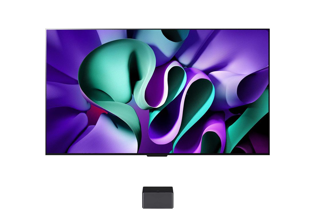 LG 97 pouces OLED LG SIGNATURE M4 True Wireless TV avec transfert vidéo et audio 4K 120Hz sans fil , Vue de face du LG OLED M4 sur le support et de la Zero Connect Box , OLED97M49LA, thumbnail 3