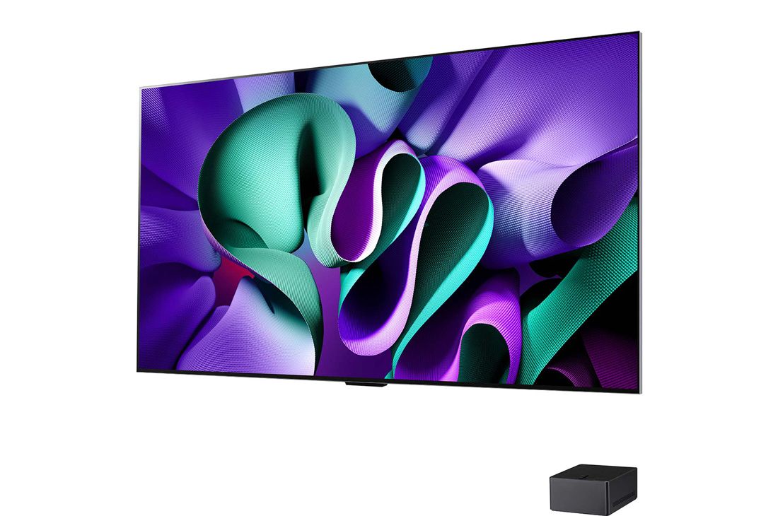 LG 97 pouces OLED LG SIGNATURE M4 True Wireless TV avec transfert vidéo et audio 4K 120Hz sans fil , Vue latérale légèrement inclinée vers la gauche du LG OLED M4 sur le support avec la Zero Connect Box en dessous, OLED97M49LA, thumbnail 5