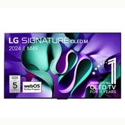 LG 97 pouces OLED LG SIGNATURE M4 True Wireless TV avec transfert vidéo et audio 4K 120Hz sans fil , Vue de face du LG OLED M4 sur le support en dessous avec emblème OLED 11 ans numéro 1 mondial, logo webOS Re:New Program et logo de la garantie de 5 ans sur le panneau à l’écran, OLED97M49LA, thumbnail 1