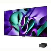 LG 97 pouces OLED LG SIGNATURE M4 True Wireless TV avec transfert vidéo et audio 4K 120Hz sans fil , Vue latérale légèrement inclinée vers la gauche du LG OLED M4 sur le support avec la Zero Connect Box en dessous, OLED97M49LA, thumbnail 5