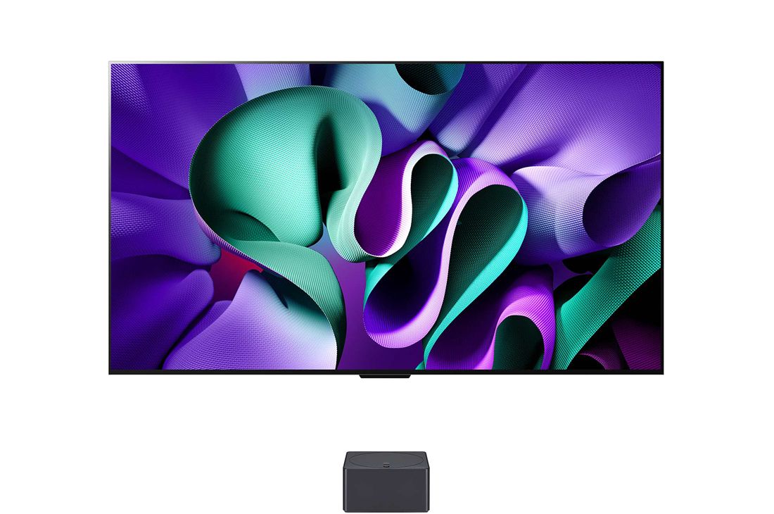 LG 77 pouces LG OLED evo AI M4, la première TV True Wireless au monde avec transfert vidéo et audio 4K 144Hz , Vue de face du LG OLED M4 sur le support et de la Zero Connect Box , OLED77M49LA, thumbnail 3