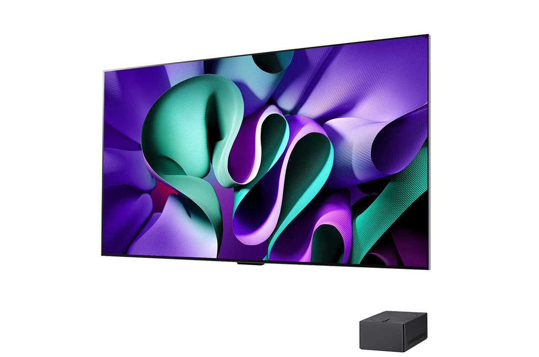 LG 77 pouces LG OLED evo AI M4, la première TV True Wireless au monde avec transfert vidéo et audio 4K 144Hz , Vue latérale légèrement inclinée vers la gauche du LG OLED M4 sur le support avec la Zero Connect Box en dessous, OLED77M49LA, thumbnail 5
