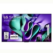 LG 77 pouces LG OLED evo AI M4, la première TV True Wireless au monde avec transfert vidéo et audio 4K 144Hz , Vue de face du LG OLED M4 sur le support en dessous avec emblème OLED 11 ans numéro 1 mondial, logo webOS Re:New Program et logo de la garantie de 5 ans sur le panneau à l’écran, OLED77M49LA, thumbnail 1
