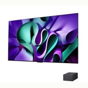 LG 77 pouces LG OLED evo AI M4, la première TV True Wireless au monde avec transfert vidéo et audio 4K 144Hz , Vue latérale légèrement inclinée vers la gauche du LG OLED M4 sur le support avec la Zero Connect Box en dessous, OLED77M49LA, thumbnail 5