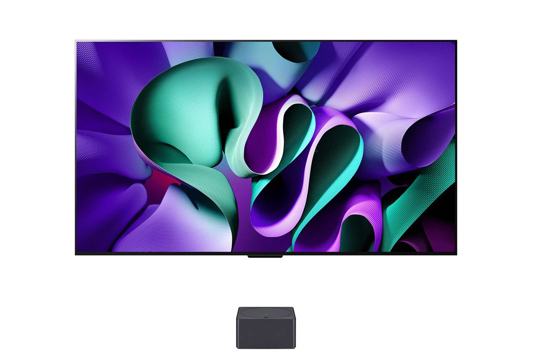 LG 65 pouces LG OLED evo AI M4, la première TV True Wireless au monde avec transfert vidéo et audio 4K 144Hz , Vue de face du LG OLED M4 sur le support et de la Zero Connect Box , OLED65M49LA, thumbnail 3