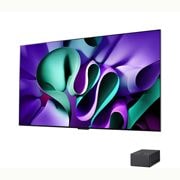 LG 65 pouces LG OLED evo AI M4, la première TV True Wireless au monde avec transfert vidéo et audio 4K 144Hz , Vue latérale légèrement inclinée vers la gauche du LG OLED M4 sur le support avec la Zero Connect Box en dessous, OLED65M49LA, thumbnail 5