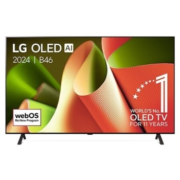 Vue de face avec le LG OLED TV, OLED AI B4, l’emblème OLED 11 ans numéro 1 mondial et le logo du programme webOS Re:New à l’écran sur un support à deux pieds1