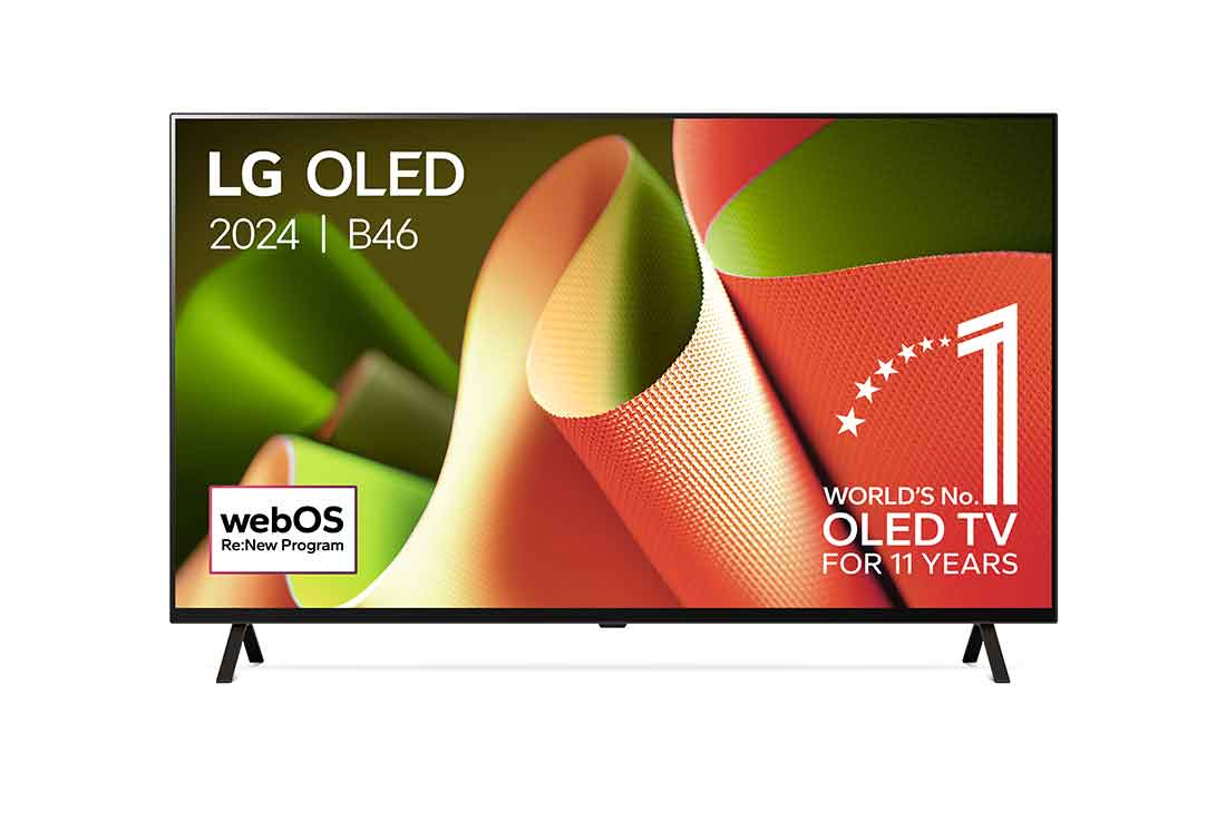 LG 65 pouces LG OLED AI B4 4K Smart TV OLED65B4, Vue de face avec le LG OLED TV, OLED AI B4, l’emblème OLED 11 ans numéro 1 mondial et le logo du programme webOS Re:New à l’écran sur un support à deux pieds, OLED65B46LA