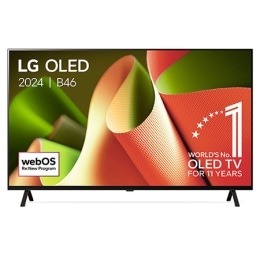 Vue de face avec le LG OLED TV, OLED AI B4, l’emblème OLED 11 ans numéro 1 mondial et le logo du programme webOS Re:New à l’écran sur un support à deux pieds