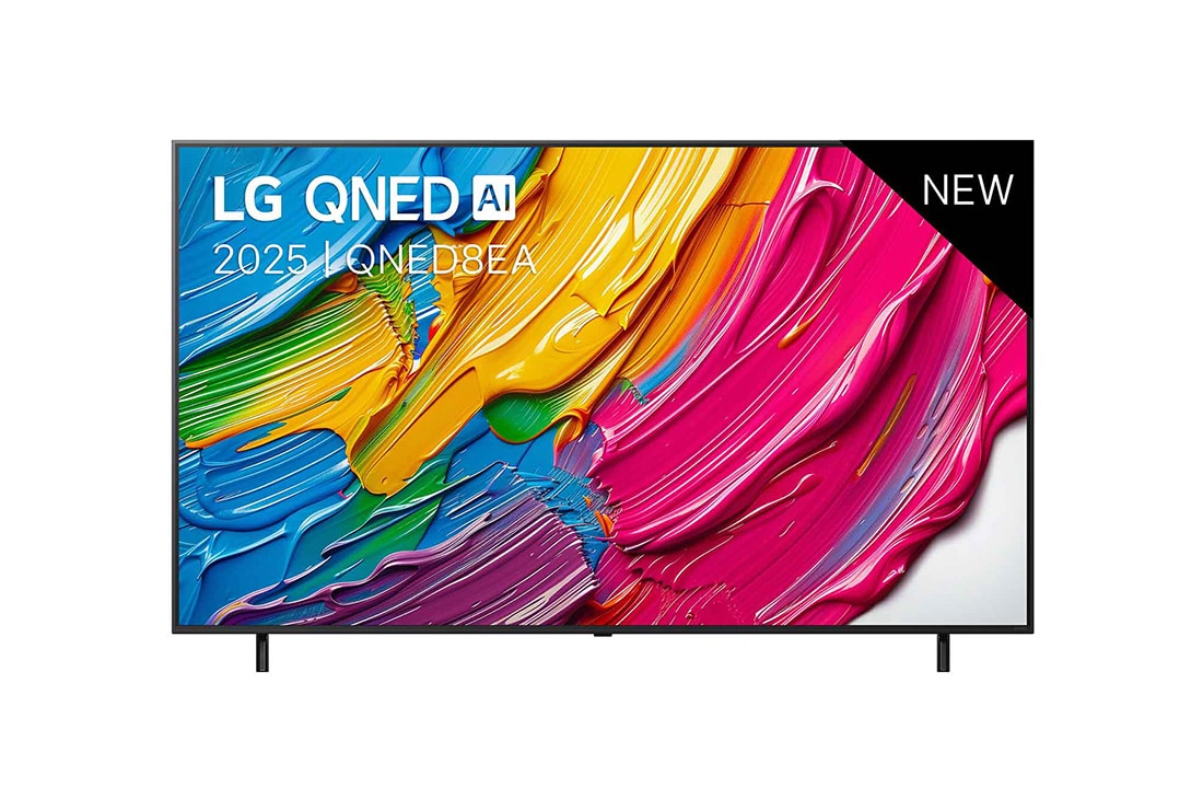 LG Smart TV LG QNED AI QNED8E 4K 2025 50 pouces, Vue avant de la LG QNED8E TV, logo LG QNED Al, dans le coin supérieur. La LG QNED TV représente des textures colorées semblables à de la peinture, réunies., 50QNED8EA6B