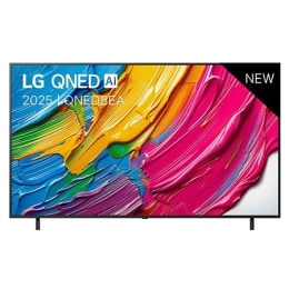 Vue avant de la LG QNED8E TV, logo LG QNED Al, dans le coin supérieur. La LG QNED TV représente des textures colorées semblables à de la peinture, réunies.2