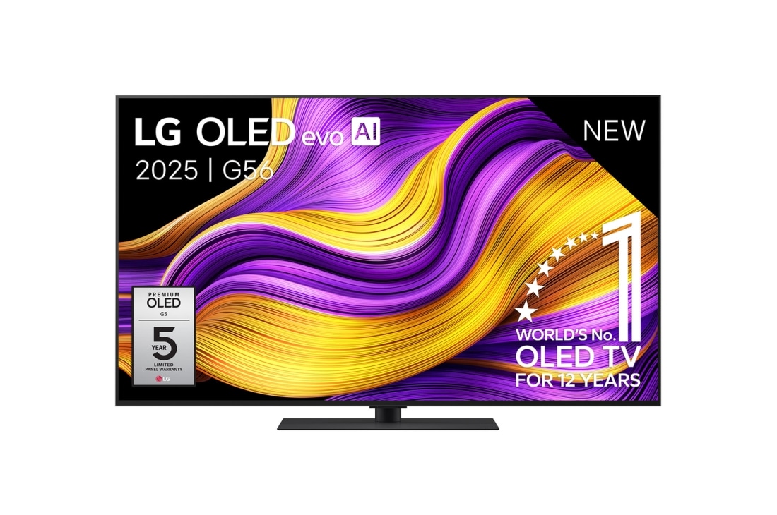 LG Smart TV LG OLED evo AI 4K G5 2025 55 pouces, Vue avant de la Smart TV LG OLED evo AI G5 4K. L’emblème OLED numéro 1 dans le monde pendant 12 ans et le logo LG OLED evo AI 2025 sont à l’écran., OLED55G56LS