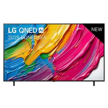 Vue avant de la LG QNED8E TV, logo LG QNED Al, dans le coin supérieur. La LG QNED TV représente des textures colorées semblables à de la peinture, réunies.1