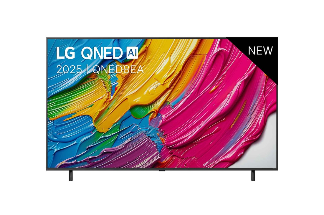 LG Smart TV LG QNED AI QNED8E 4K 2025 65 pouces, Vue avant de la LG QNED8E TV, logo LG QNED Al, dans le coin supérieur. La LG QNED TV représente des textures colorées semblables à de la peinture, réunies., 65QNED8EA6B