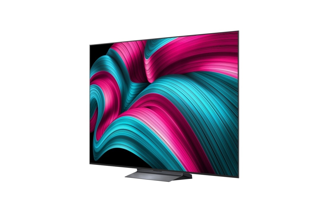 LG Smart TV LG OLED evo AI 4K C5 2025 83 pouces, Écran LG TV avec une télécommande AI Magic Remote au premier plan. Le bouton IA est mis en surbrillance et une bulle de dialogue montre du texte : suggérez un film que j’aime. À l’écran, nous voyons l, OLED83C54LA, thumbnail 4