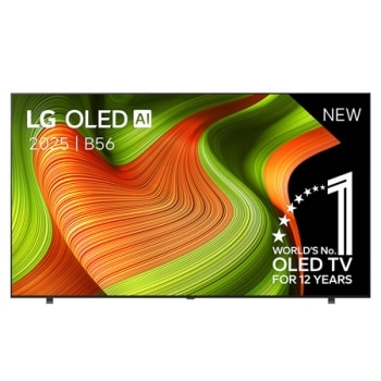 Vue avant de la Smart TV LG OLED AI B5 4K. L’emblème OLED numéro 1 dans le monde pendant 12 ans et le logo LG OLED AI 2025 sont à l’écran.1