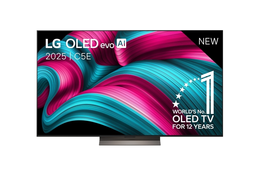 LG Smart TV LG OLED evo AI 4K C5 2025 65 pouces, Vue avant de la Smart TV LG OLED evo AI C5 4K. L’emblème OLED numéro 1 dans le monde pendant 12 ans et le logo LG OLED evo AI 2025 sont à l’écran., OLED65C5ELB