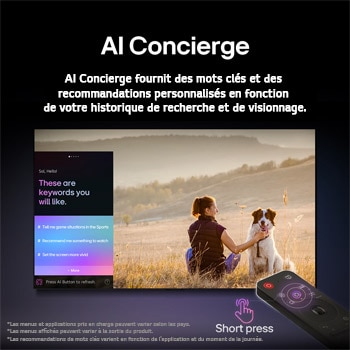 LG Smart TV LG OLED evo AI 4K C5 2025 65 pouces, Télécommande AI Magic Remote de LG en face d’un écran de LG TV. L’écran affiche un message d’accueil personnalisé de LG AI avec des mots clés personnalisés en fonction de l’historique de recherche et , OLED65C5ELB, thumbnail 14