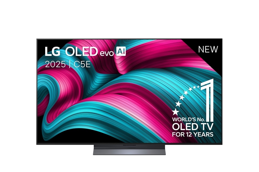 LG Smart TV LG OLED evo AI 4K C5E 2025 55 pouces, Vue avant de la Smart TV LG OLED evo AI C5 4K. L’emblème OLED numéro 1 dans le monde pendant 12 ans et le logo LG OLED evo AI 2025 sont à l’écran., OLED55C5ELB