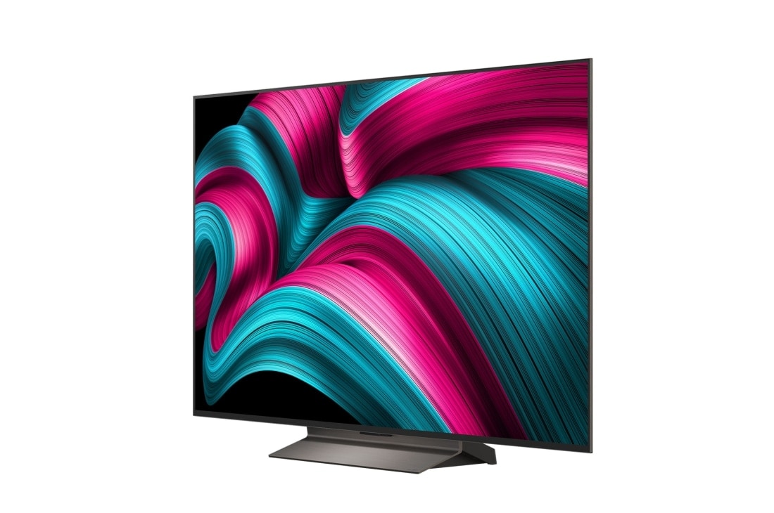 LG Smart TV LG OLED evo AI 4K C5E 2025 55 pouces, Vue avant et latérale de la Smart TV LG OLED evo AI C5 4K montrant ses dimensions de longueur, largeur, hauteur et profondeur., OLED55C5ELB, thumbnail 4