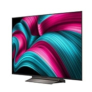 LG Smart TV LG OLED evo AI 4K C5E 2025 55 pouces, Vue avant et latérale de la Smart TV LG OLED evo AI C5 4K montrant ses dimensions de longueur, largeur, hauteur et profondeur., OLED55C5ELB, thumbnail 4