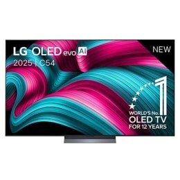 Front view of LG OLED evo AI C5 4K Smart TV. 12 Years of world number 1 OLED emblem and LG OLED evo AI 2025 logo are on the screen.