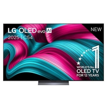 Front view of LG OLED evo AI C5 4K Smart TV. 12 Years of world number 1 OLED emblem and LG OLED evo AI 2025 logo are on the screen.