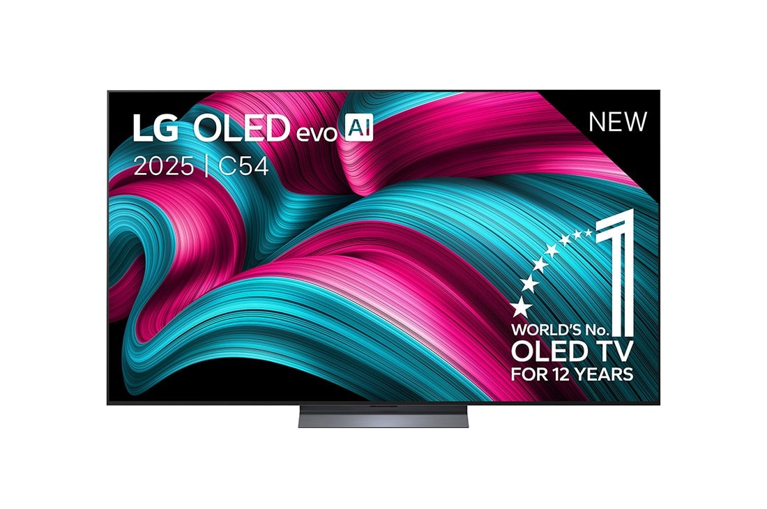 LG Smart TV LG OLED evo AI 4K C5 2025 77 pouces, Vue avant de la Smart TV LG OLED evo AI C5 4K. L’emblème OLED numéro 1 dans le monde pendant 12 ans et le logo LG OLED evo AI 2025 sont à l’écran., OLED77C54LA