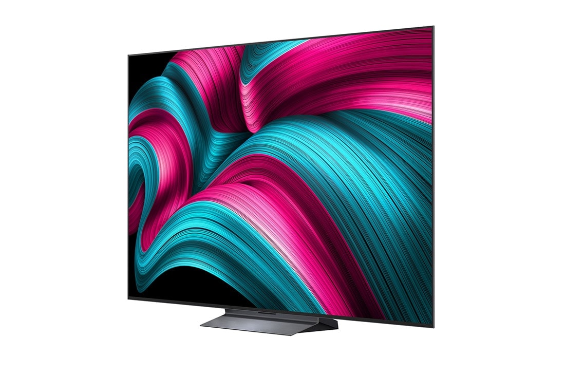 LG Smart TV LG OLED evo AI 4K C5 2025 77 pouces, Vue avant et latérale de la Smart TV LG OLED evo AI C5 4K montrant ses dimensions de longueur, largeur, hauteur et profondeur., OLED77C54LA, thumbnail 4