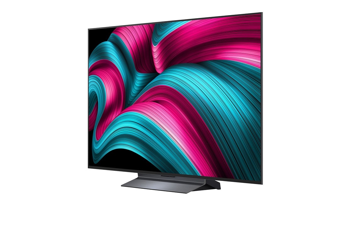 LG Smart TV LG OLED evo AI 4K C5 2025 55 pouces, Vue avant et latérale de la Smart TV LG OLED evo AI C5 4K montrant ses dimensions de longueur, largeur, hauteur et profondeur., OLED55C54LA, thumbnail 4
