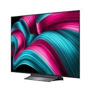 LG Smart TV LG OLED evo AI 4K C5 2025 55 pouces, Vue avant et latérale de la Smart TV LG OLED evo AI C5 4K montrant ses dimensions de longueur, largeur, hauteur et profondeur., OLED55C54LA, thumbnail 4
