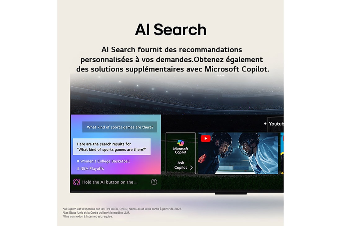 LG Smart TV LG OLED evo AI 4K C5 2025 55 pouces, Gros plan d’un écran de LG OLED TV montrant le fonctionnement de la recherche par IA, AI Search. Une petite fenêtre de chat est ouverte, montrant comment l’utilisateur a demandé les jeux de sport disp, OLED55C54LA, thumbnail 13