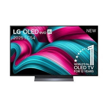 Front view of LG OLED evo AI C5 4K Smart TV. 12 Years of world number 1 OLED emblem and LG OLED evo AI 2025 logo are on the screen.